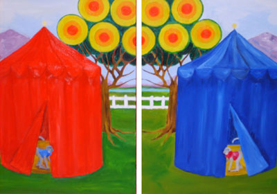 oil painting of circuis tents with monkey poking their heads our of the tents